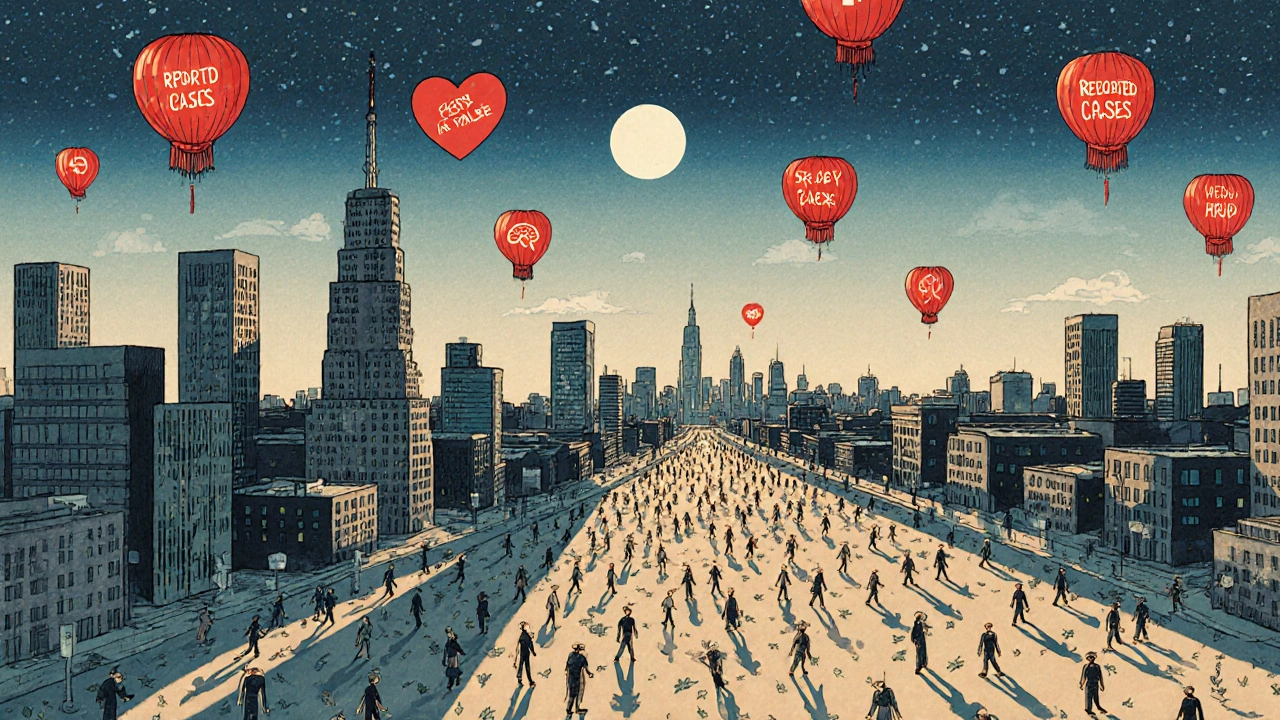 Cityscape with floating safety warnings above patients, illuminated by moonlight in ukiyo-e aesthetic.