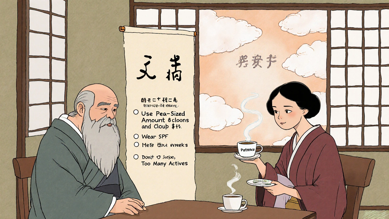 Dermatologist consultation in a tea house with a wise elder offering patience and skincare tips.