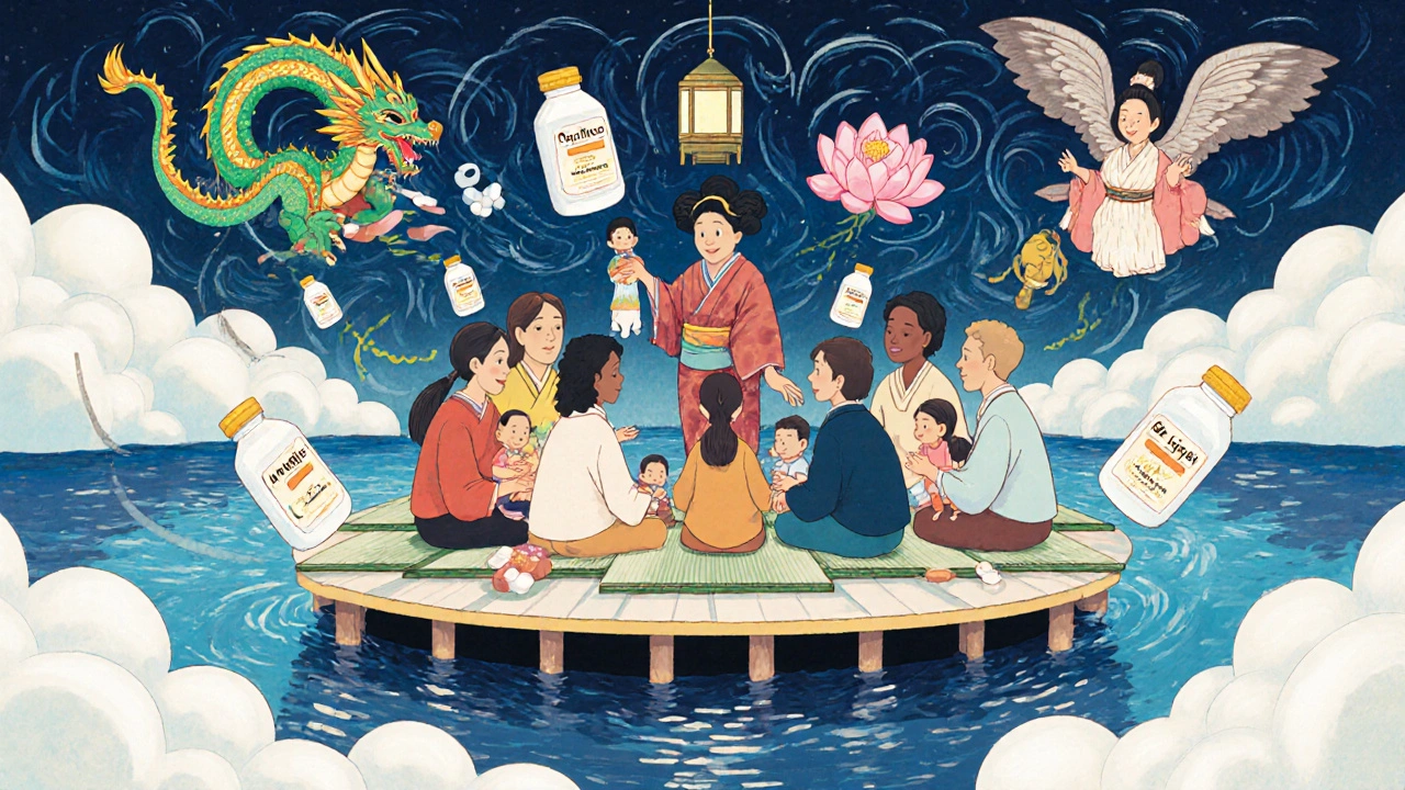 Diverse group with chronic illnesses receiving children from a midwife amid floating medication spirits.