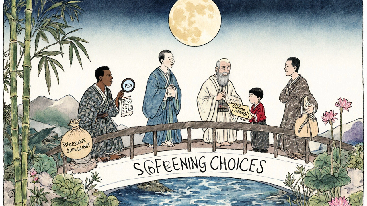Diverse men on a bridge over a river of choices, guided by a moon-shaped prostate, symbolizing thoughtful screening decisions.