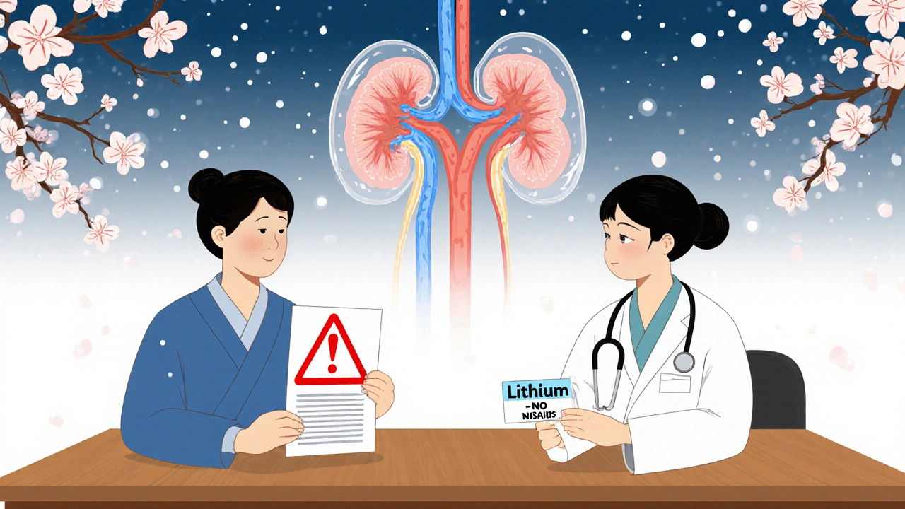 Doctor and patient at desk with medication card, kidney motif, falling cherry blossoms.