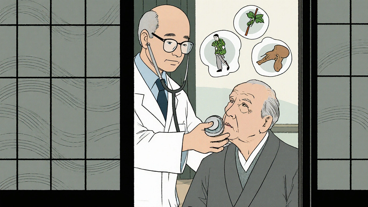 Doctor checking an elderly patient&#039;s breathing as symbolic icons of pain risks float gently around them.