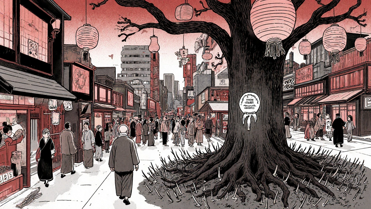 Elderly patient walks through a city where health apps float like lanterns, while dangerous roots grow beneath their feet.