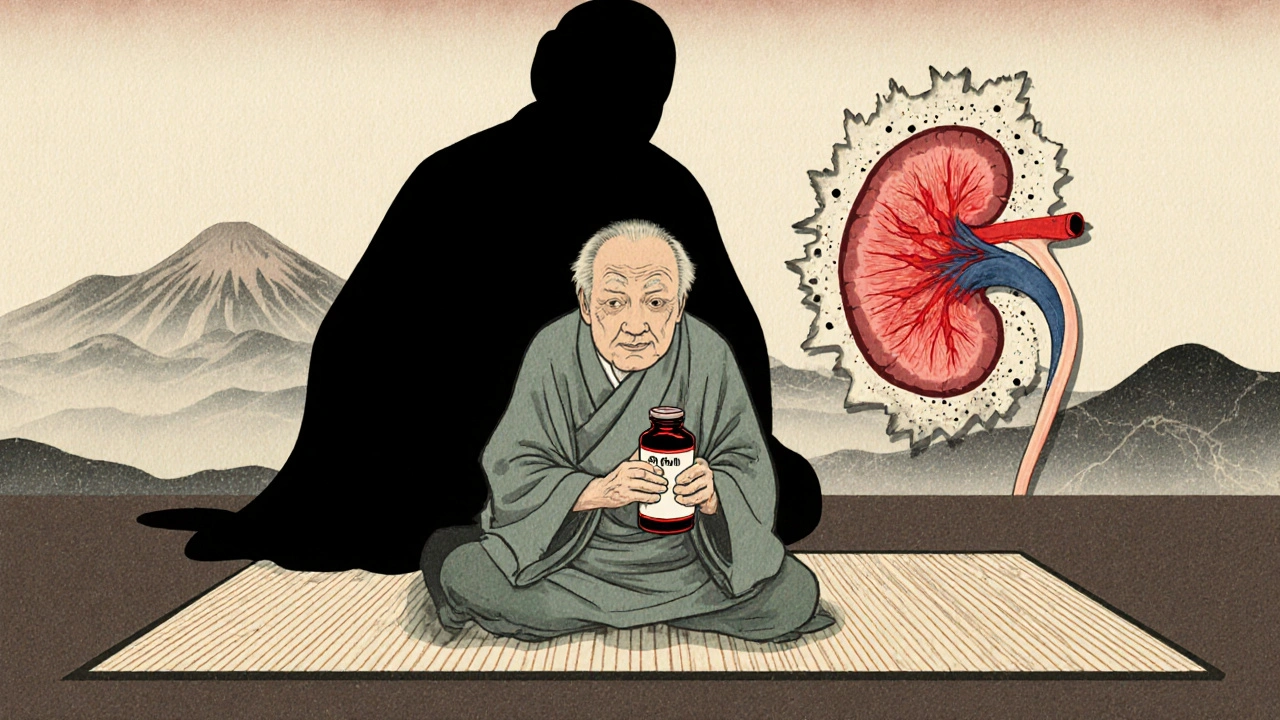Elderly person holding acetaminophen as a shadowy NSAID looms, cracked kidney in background.