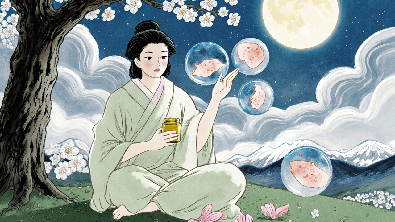 Figure under a neem tree with glowing skin as acne dissolves into petals, bathed in moonlight and ink-wash clouds.