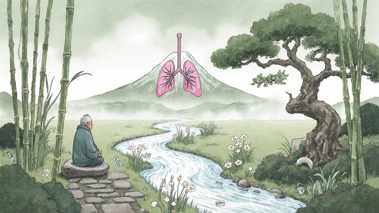 Garden with lung-shaped mountain and merging rivers feeding lung flowers, elderly figure meditating, bamboo oxygen tubes, serene ink-wash composition.