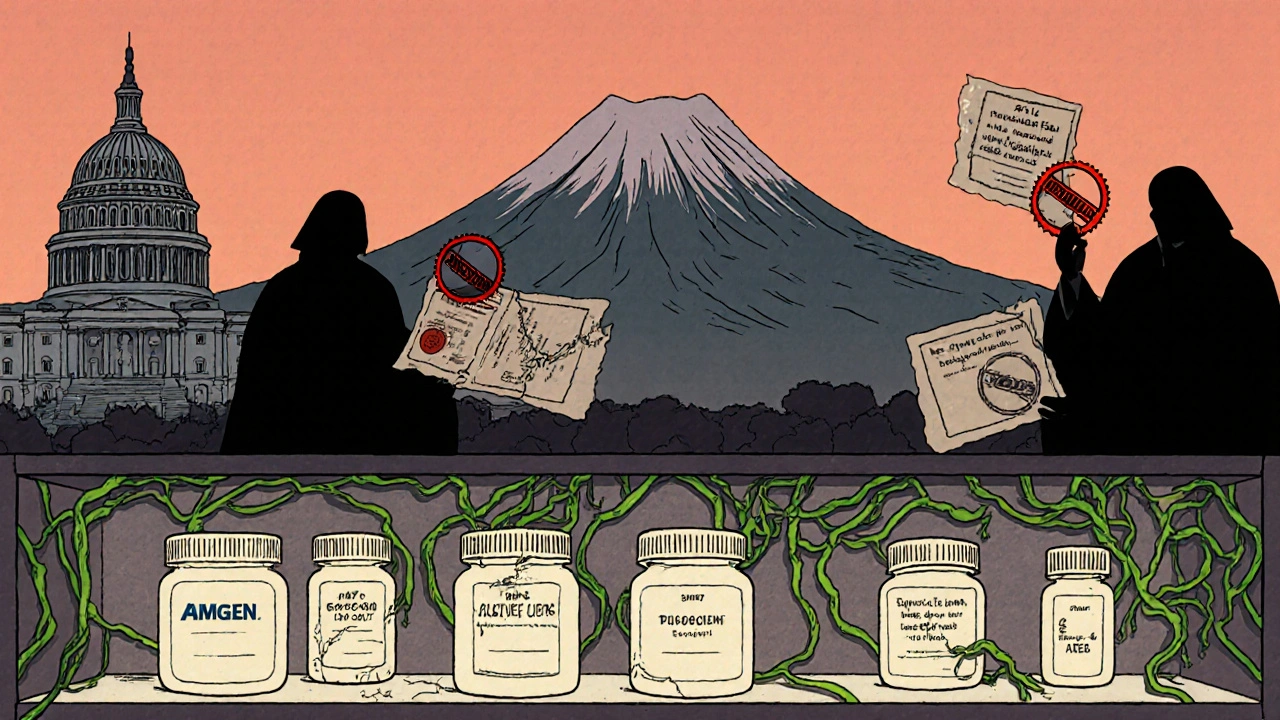 Generic pills on a shelf, overcoming tangled patent vines, under a Capitol-shaped mountain at dusk.