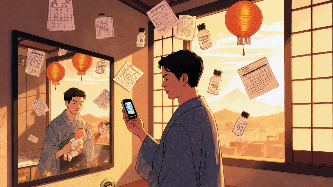 Man with type 1 diabetes checking his glucose monitor as medical icons float like lanterns around him.