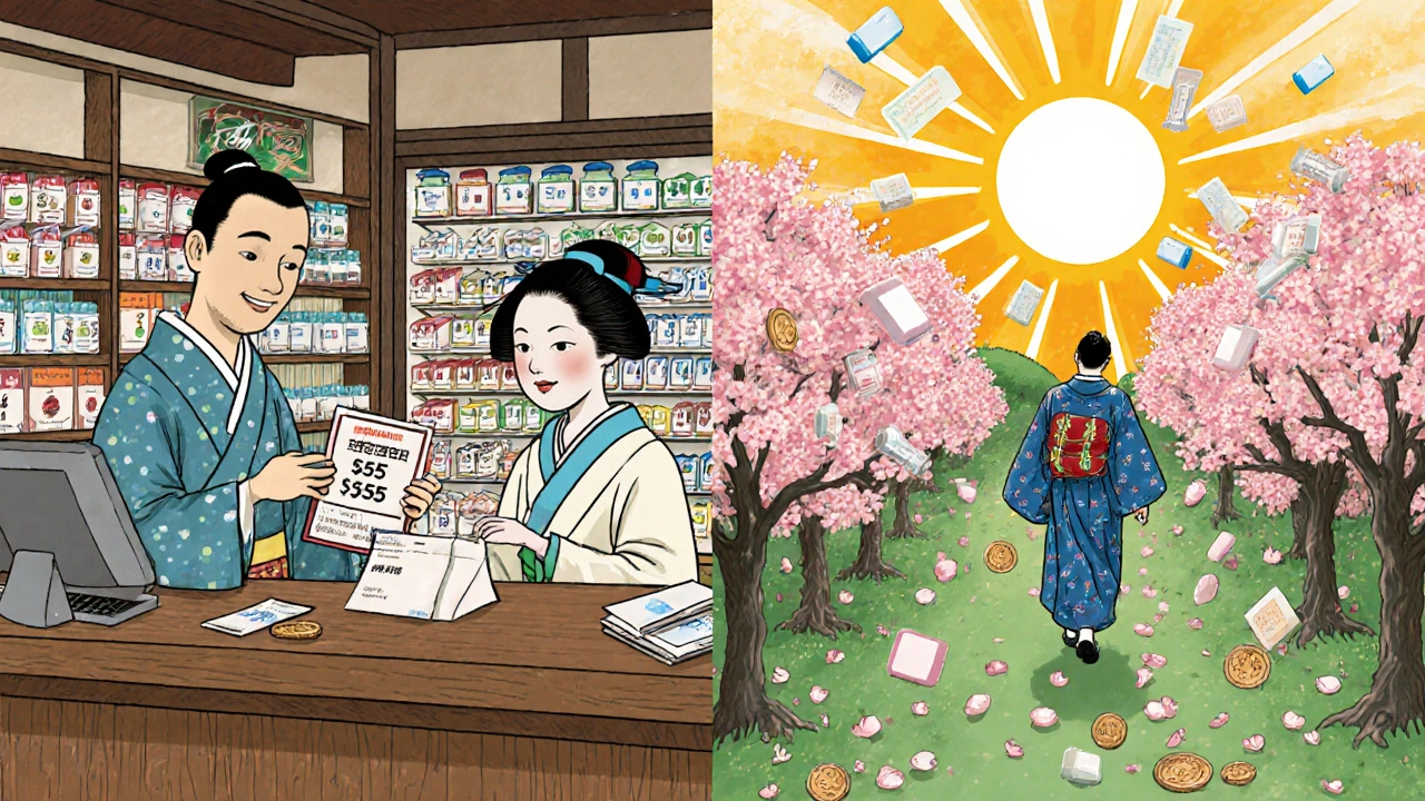 Patient paying  for insulin, then walking freely in garden as drug labels turn to petals.