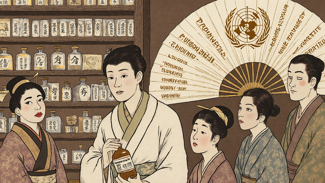 Pharmacist in kimono explaining drug stems in a traditional Edo-period apothecary