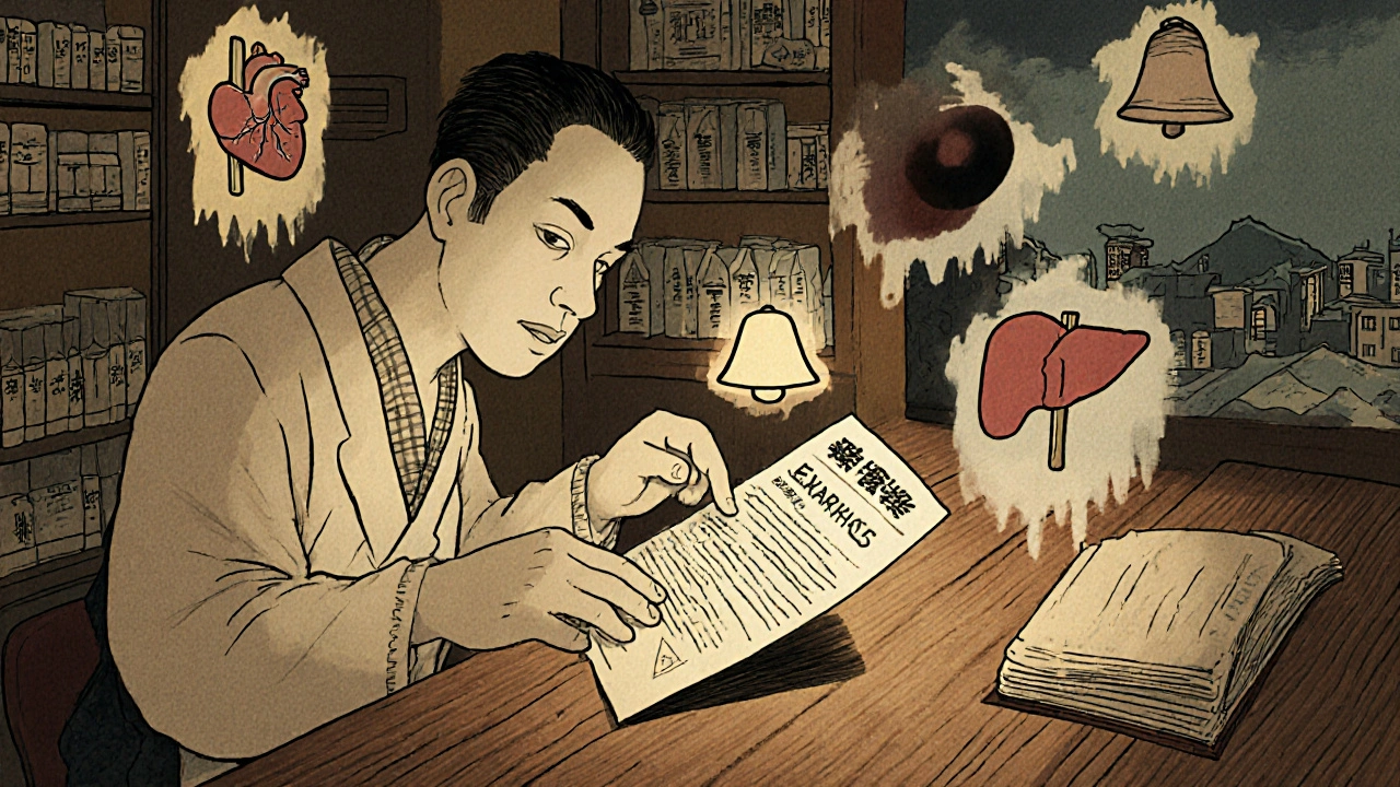 Pharmacist studying a drug label with floating medical warning symbols in ink-brush art style.