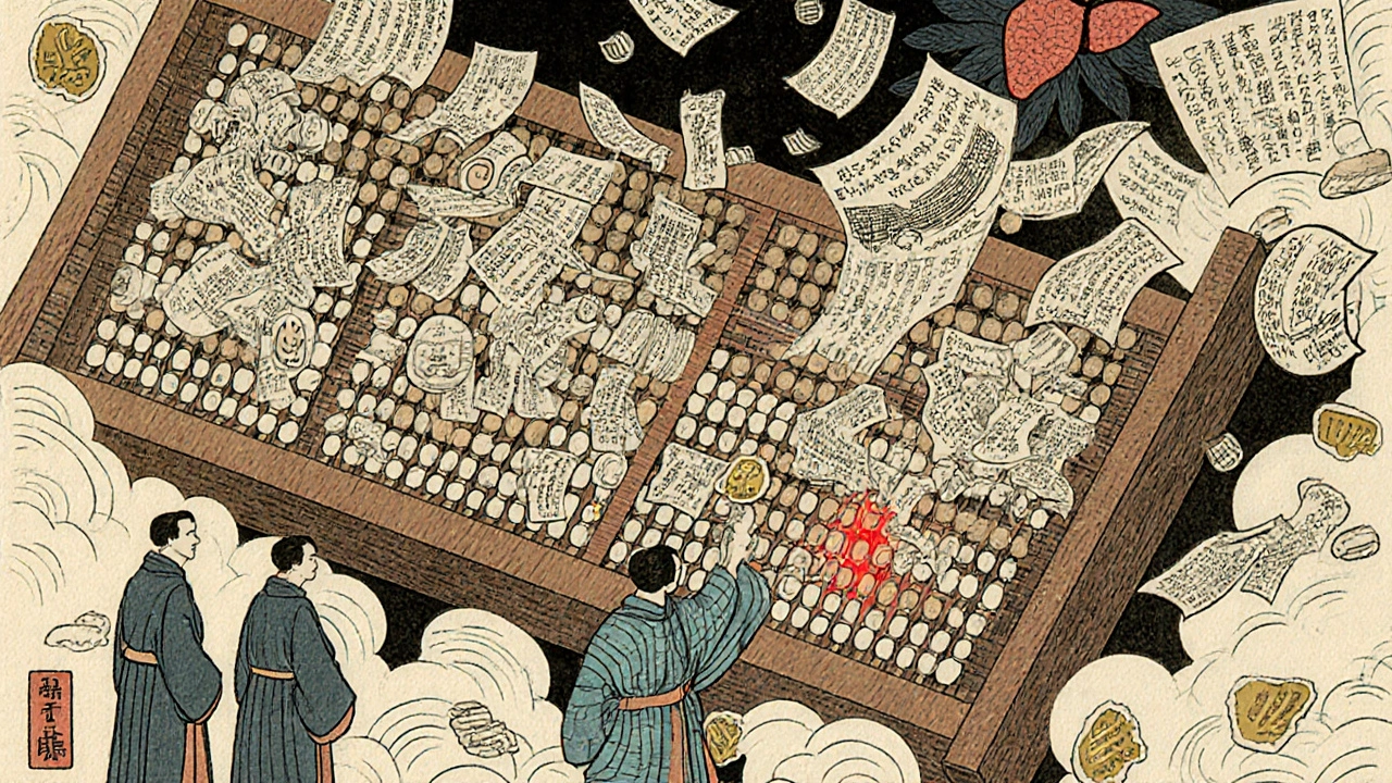 Scholars examine floating data scrolls and an abacus with glowing red bead, representing emerging drug safety signals.