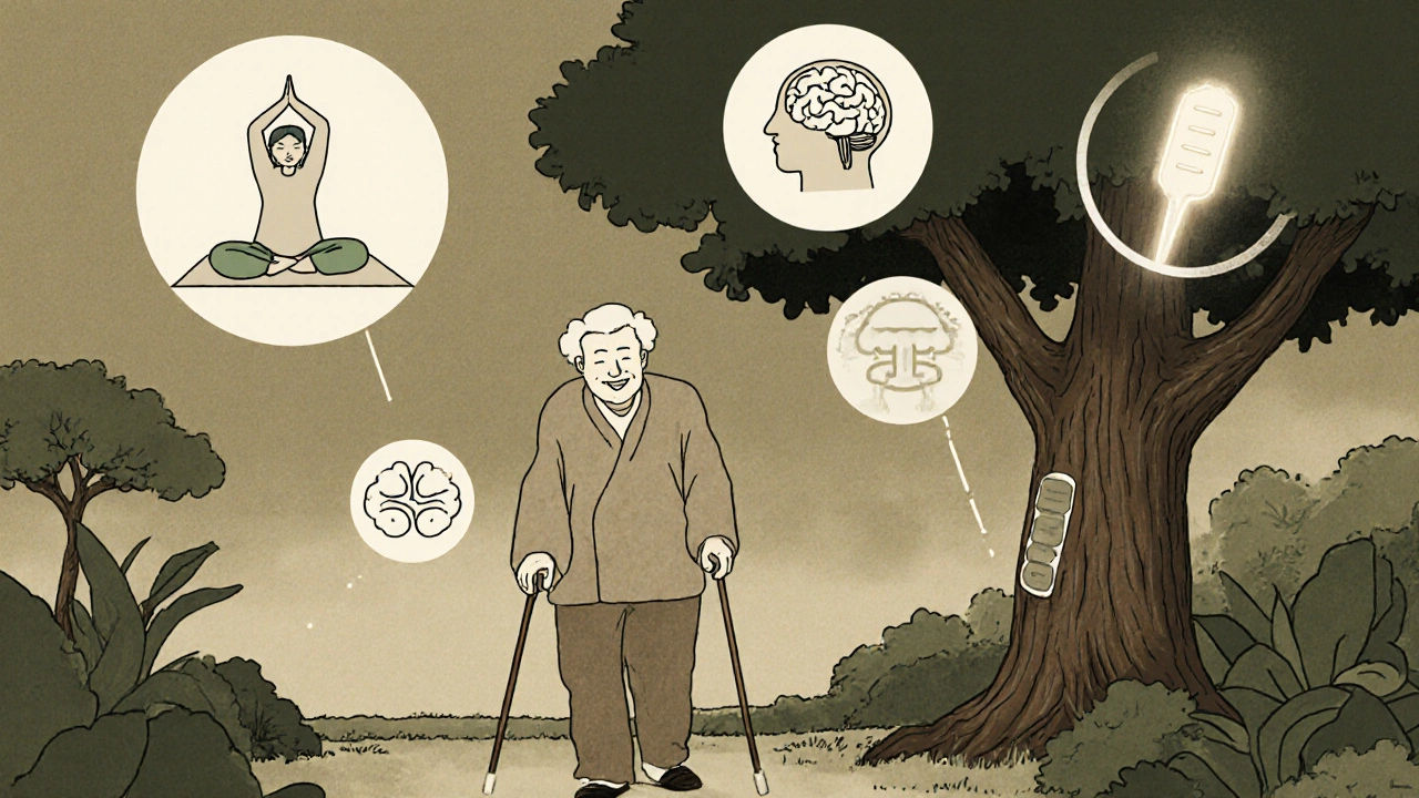 Senior walking with a cane in a garden, surrounded by symbols of non-opioid pain management therapies.