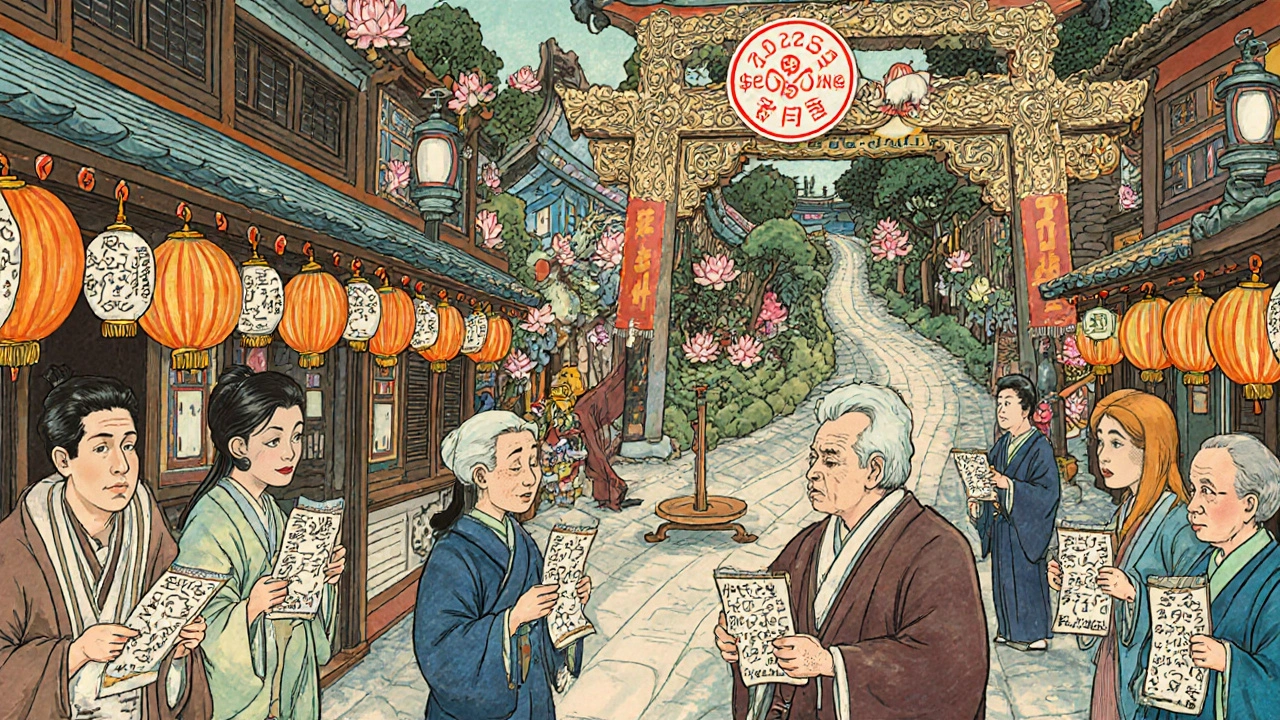 Seniors consulting counselors at enrollment marketplace with scrolls and scale showing drug costs.