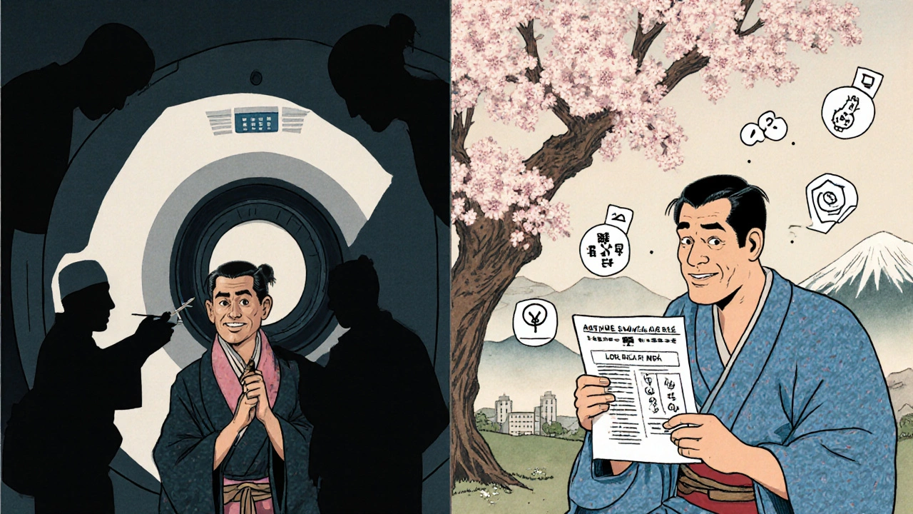 Split scene: one side shows biopsy anxiety, the other shows calm discussion under cherry blossoms, representing screening choices.