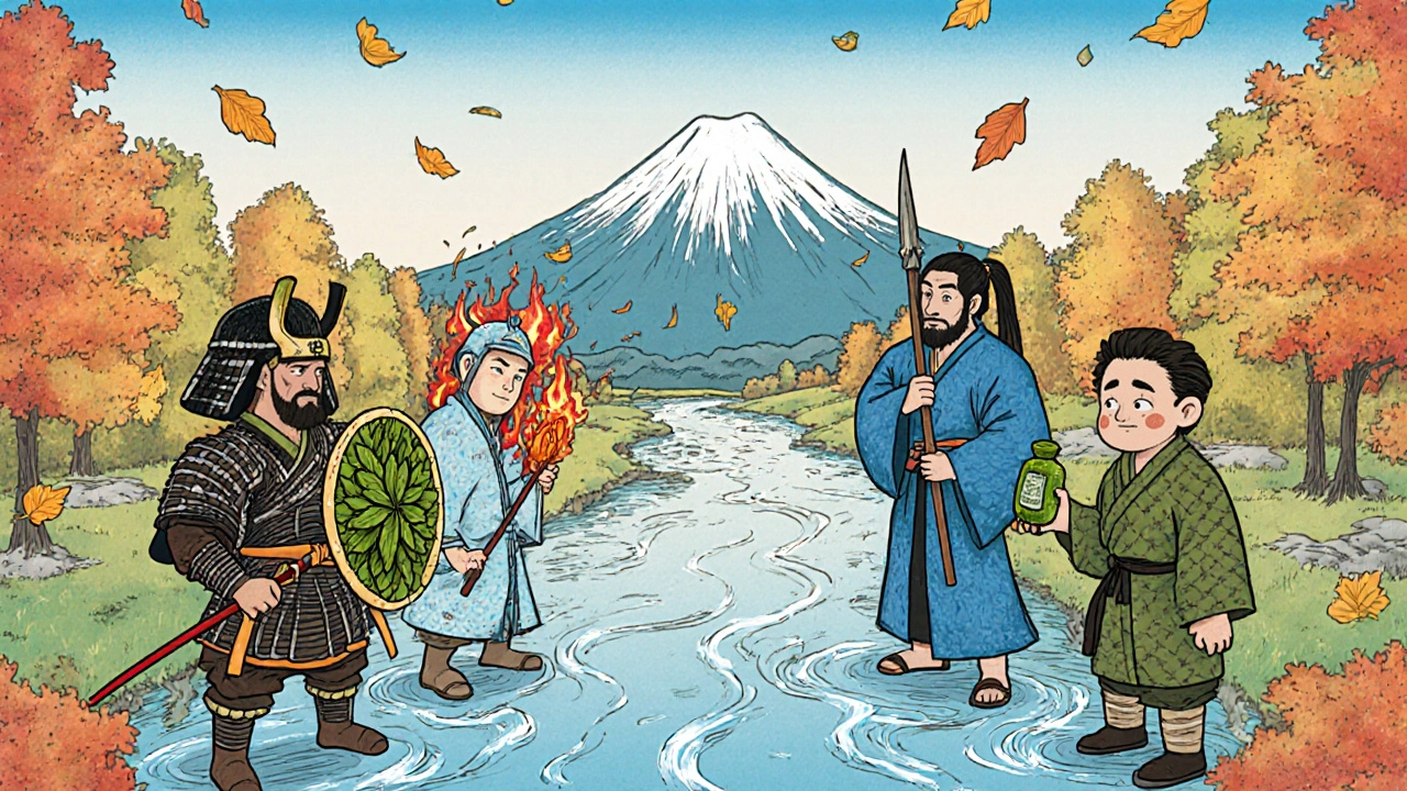 Symbolic warriors representing acne treatments standing on a river of skin cells under autumn leaves.