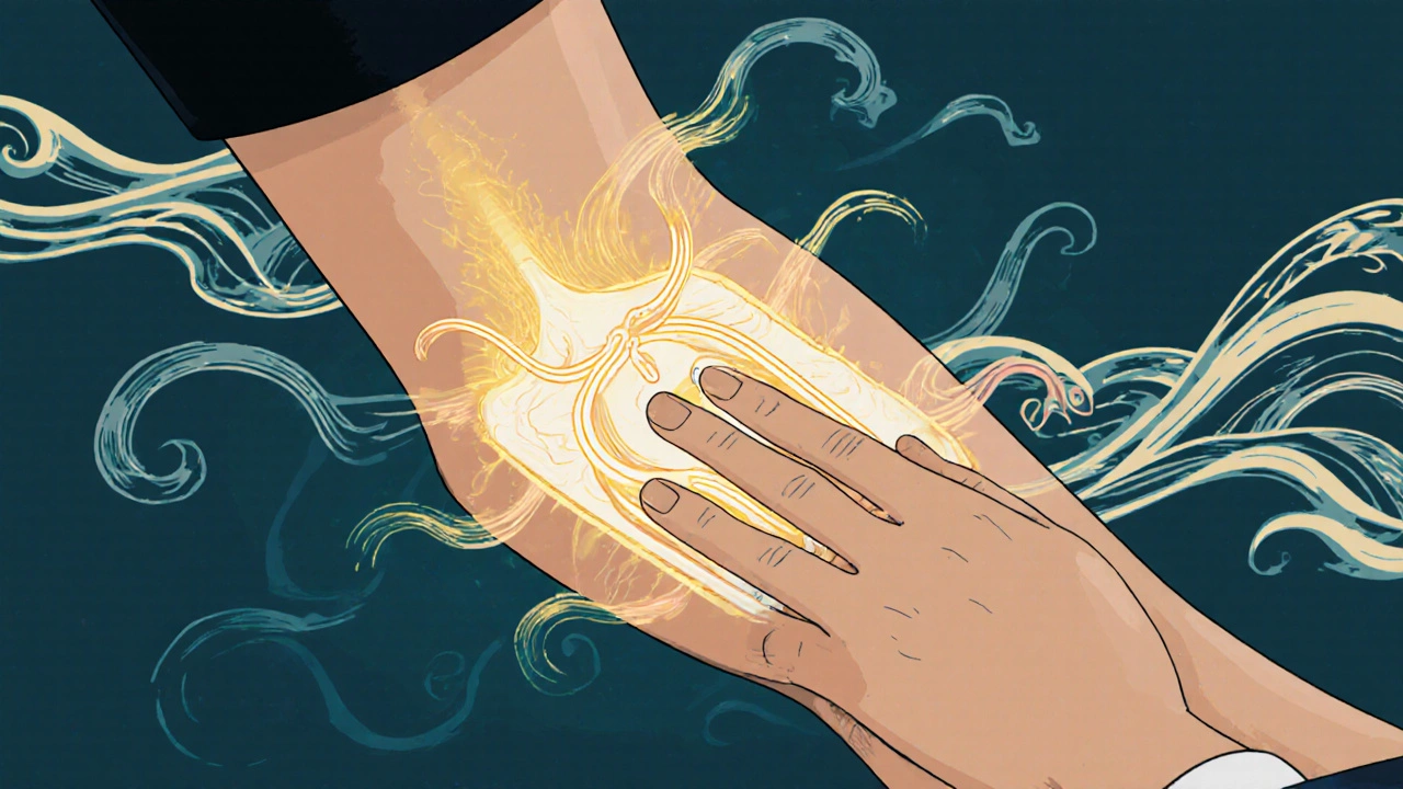 Therapist guiding hand through nerve-gliding exercise with glowing nerve and wave patterns.