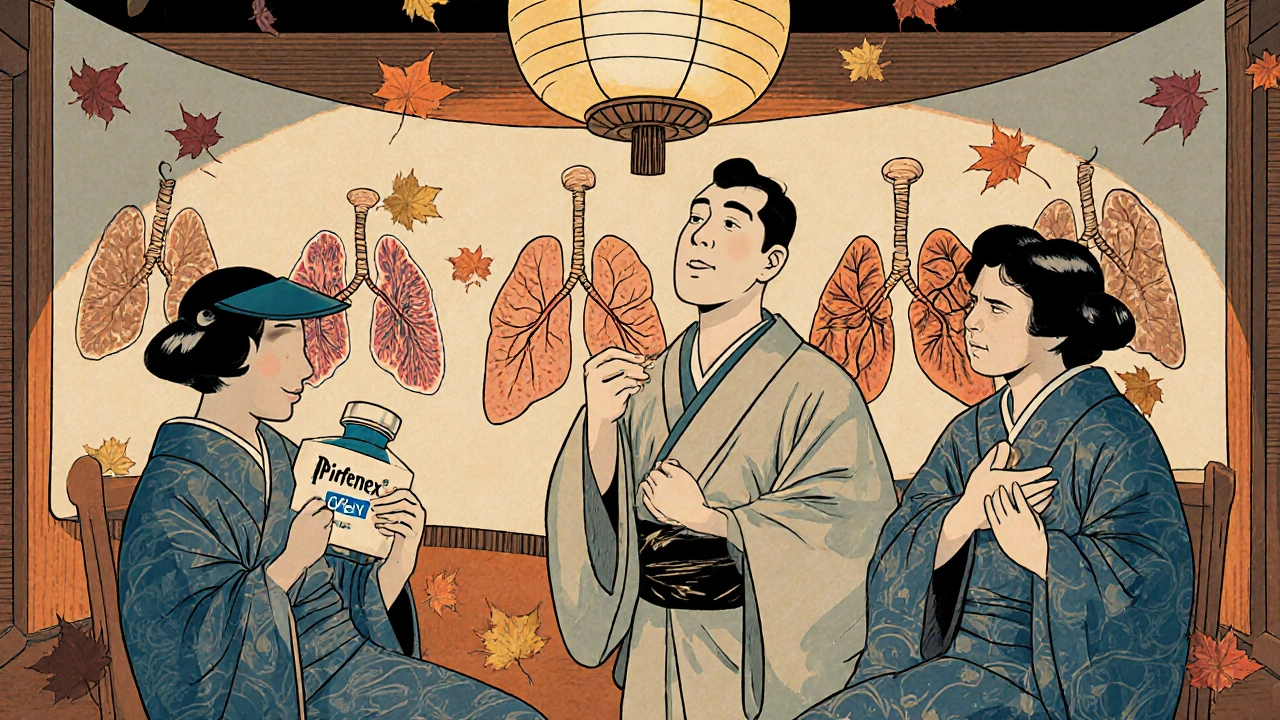 Traditional Japanese-inspired scene of a doctor and two patients with medicine pouches, one with sunshade, the other holding stomach, ink-wash style.