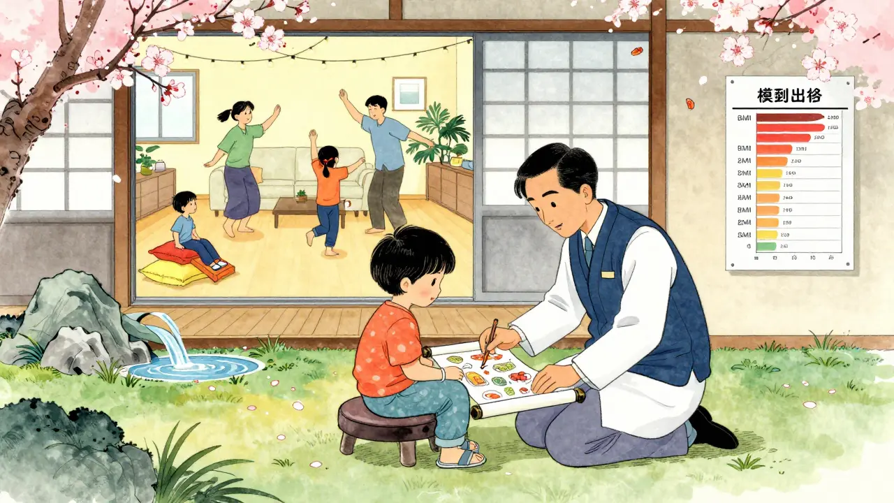 A child draws food choices on rice paper while a coach guides them, with a family dancing nearby in a serene, garden-like pediatric office.