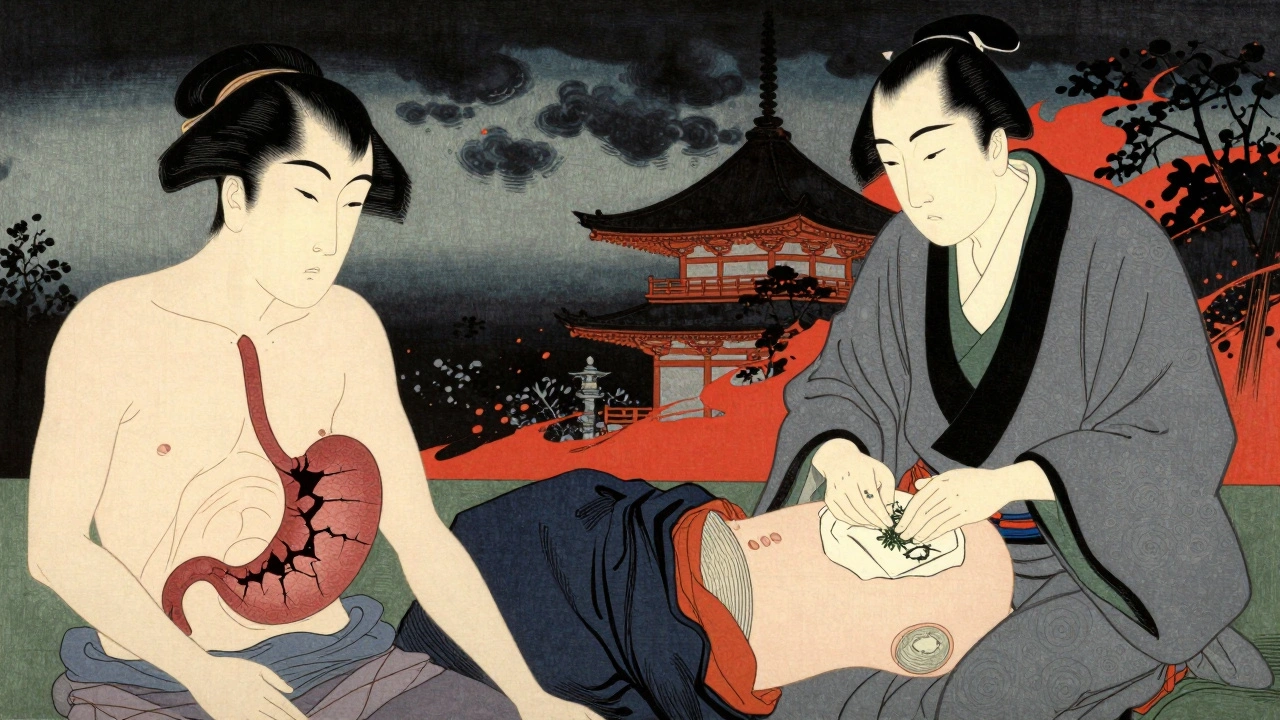 A cracked stomach lining appears between steroid and NSAID pills, while a healer applies a healing poultice in traditional style.