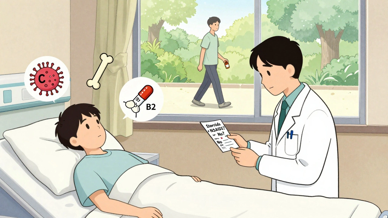 A doctor reviews a chart saying 'No PPI needed' as floating symbols of PPI risks hover nearby, with a healthy patient walking outside.