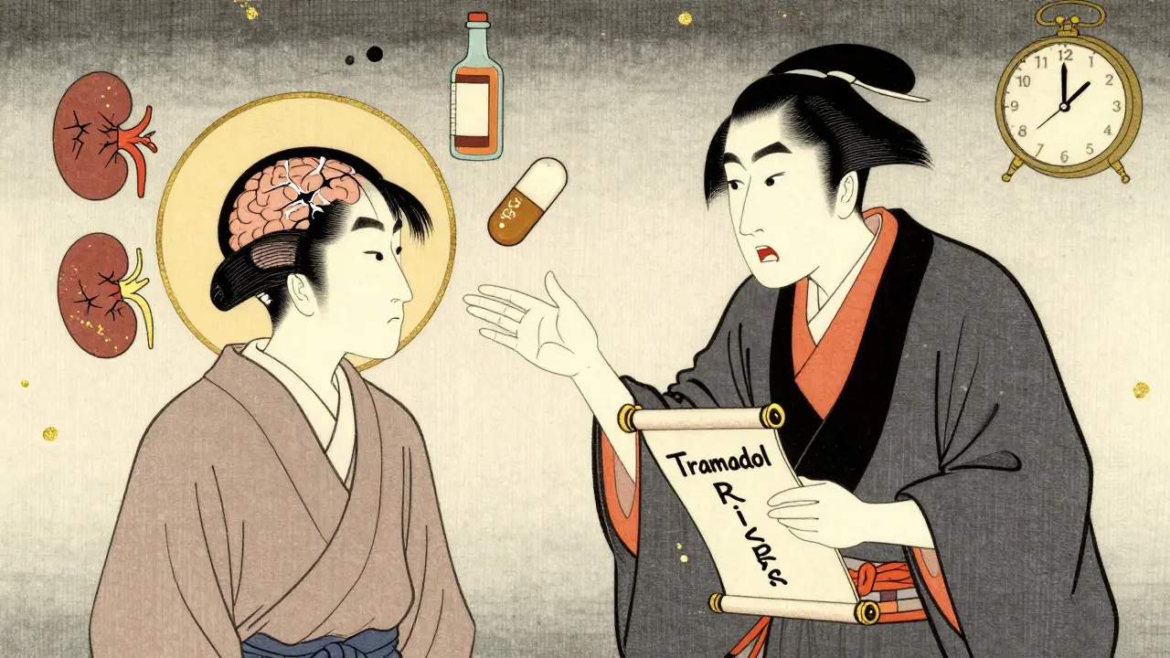 A doctor warns a patient about tramadol dangers with floating symbols of kidney damage, alcohol, and antidepressants.