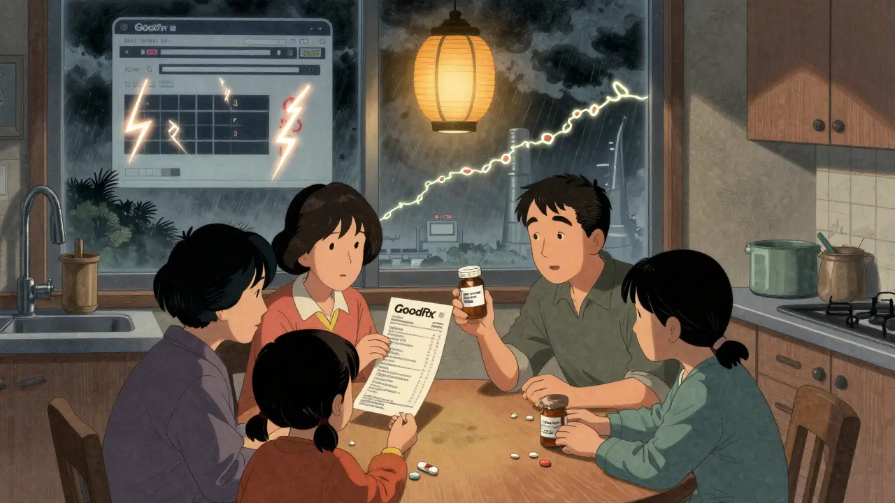 A family at home with a verified prescription bottle, while storm clouds of fake pharmacies loom outside, connected by a blockchain thread.