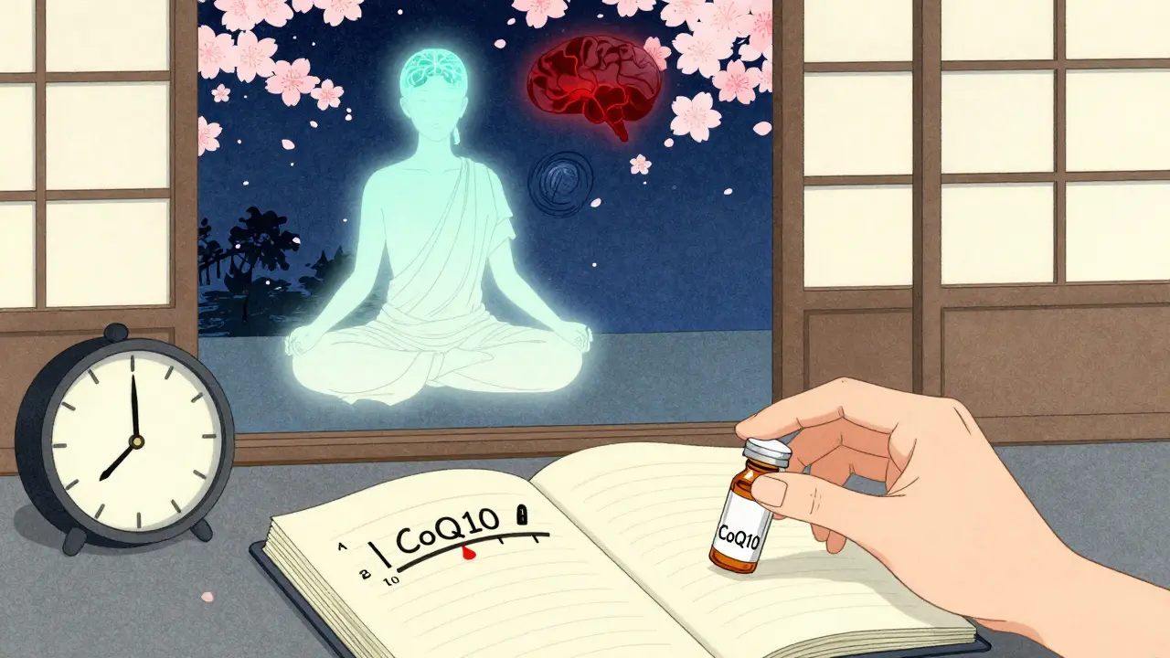 A hand placing a supplement beside a journal, with a meditating figure and soft brain light visible through a screen.