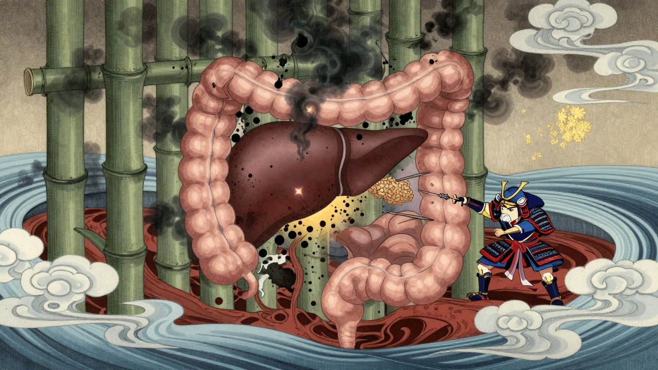 A leaky intestine as a bamboo fence releasing toxins into a glowing liver, with a samurai warrior fighting gluten spears.