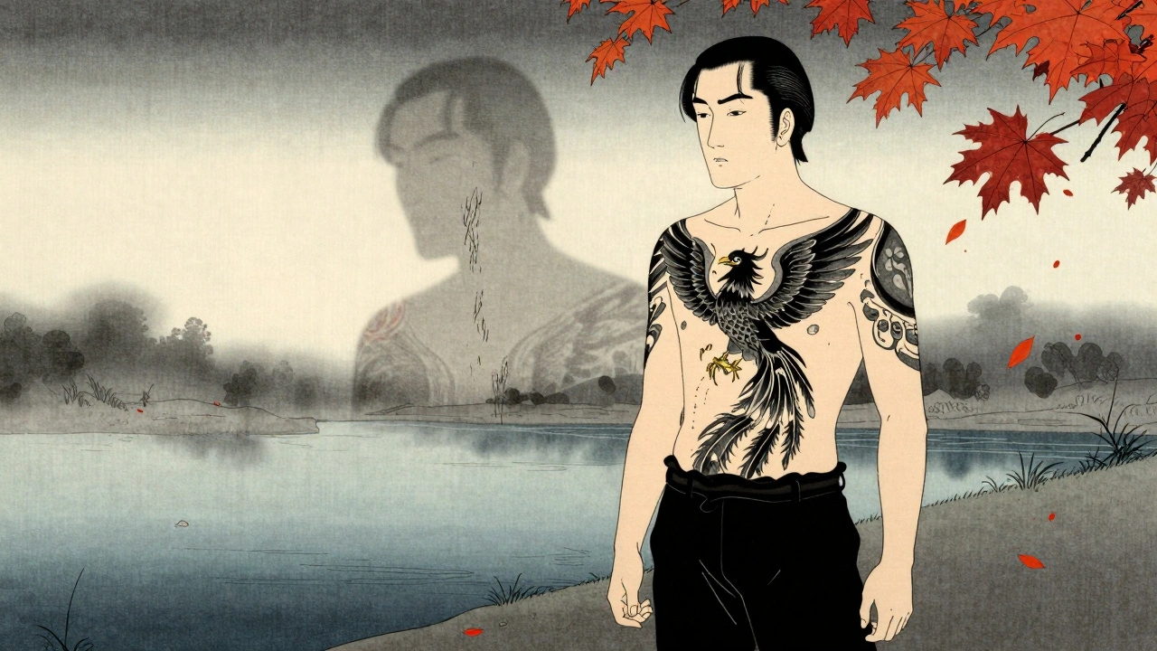 A man stands by a river with a perfect phoenix tattoo, while a faded, scarred tattoo dissolves into leaves.