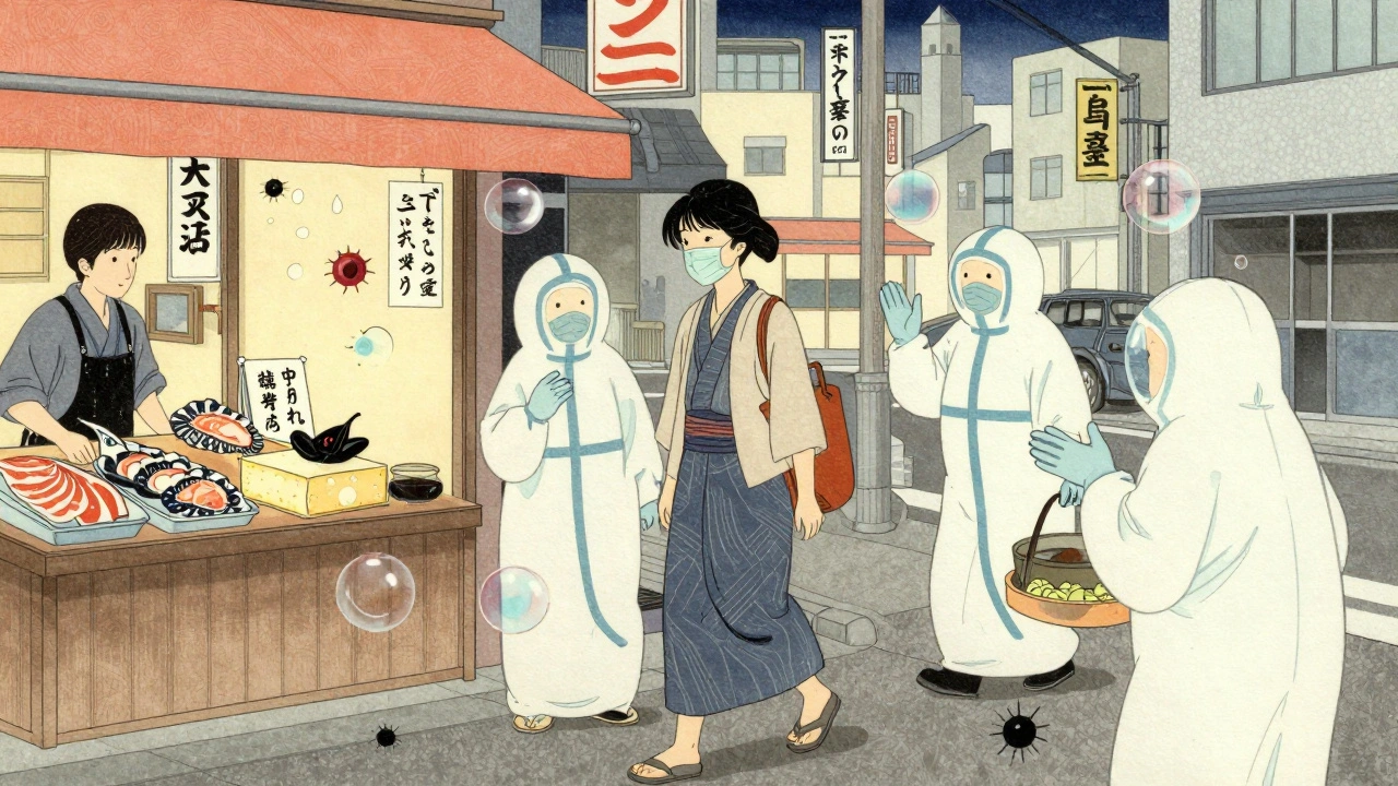 A masked patient walks through the city guarded by protective spirits against foodborne germs.