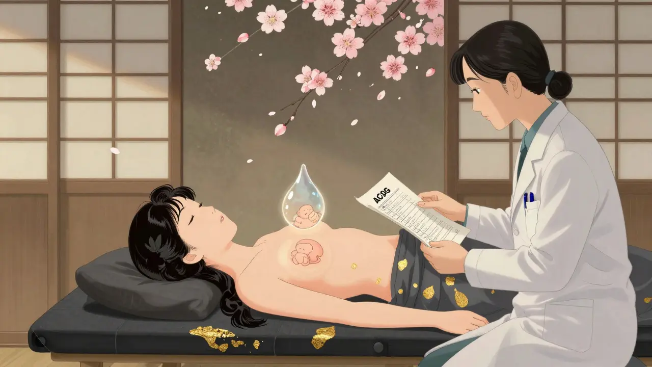 A mother on a table as two providers review a checklist, with breast milk droplet and cherry blossoms in ukiyo-e style.