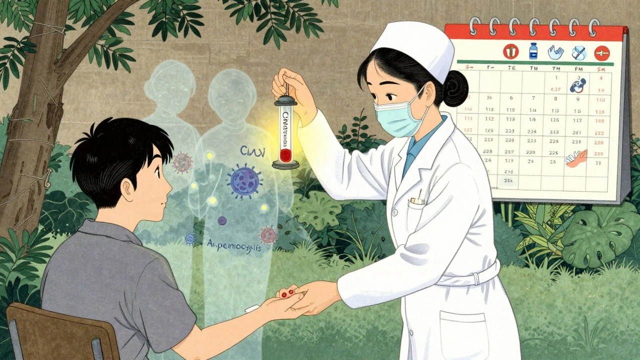 A nurse gives a blood test as harmful microbes fade away in a garden scene with vaccine icons.