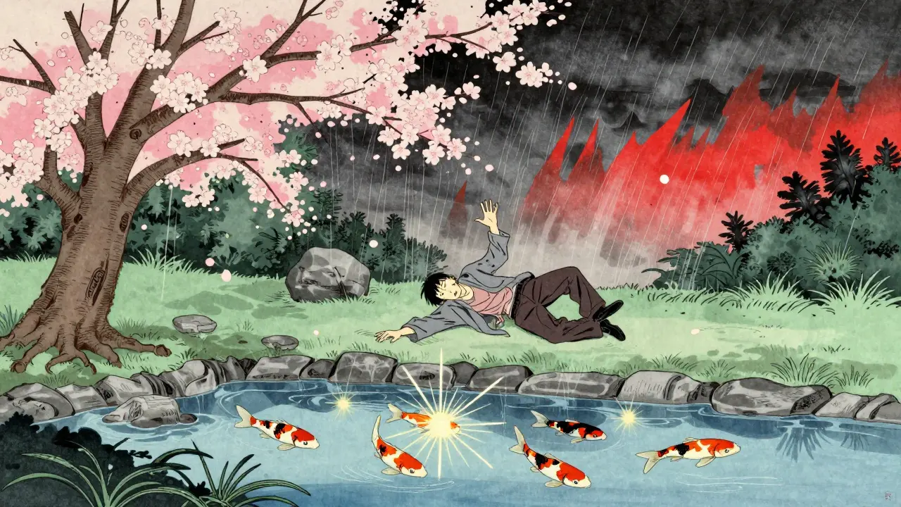 A person seizing in a cherry blossom garden as neural sparks erupt, blending nature with neurological turmoil.