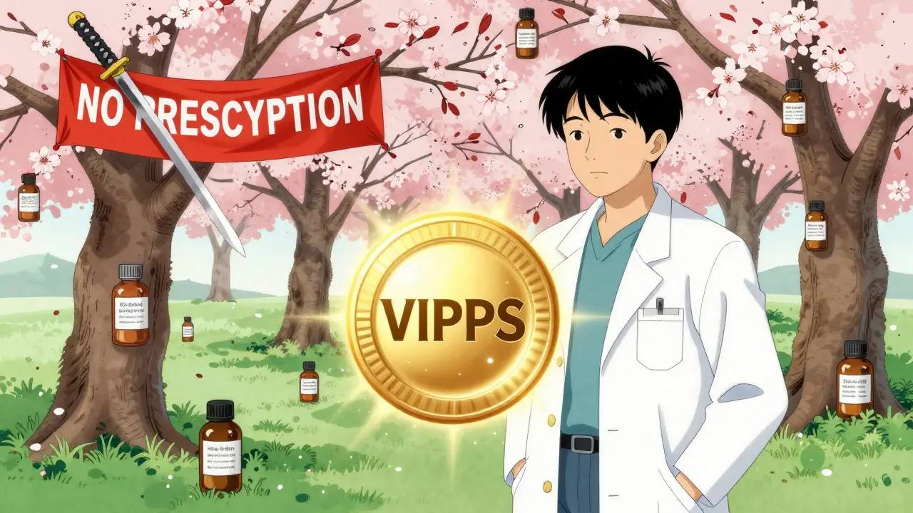 A pharmacist beside a glowing VIPPS seal in a peaceful cherry orchard of verified pharmacies, with a sword cutting through a warning banner.