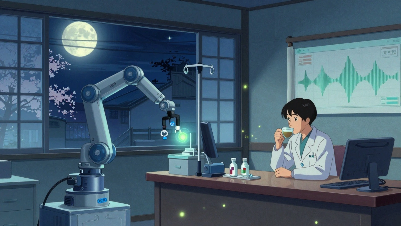 A robotic IV compounding station glows softly at night, with sensors like fireflies and a pharmacist observing as patient data flows like a scroll.