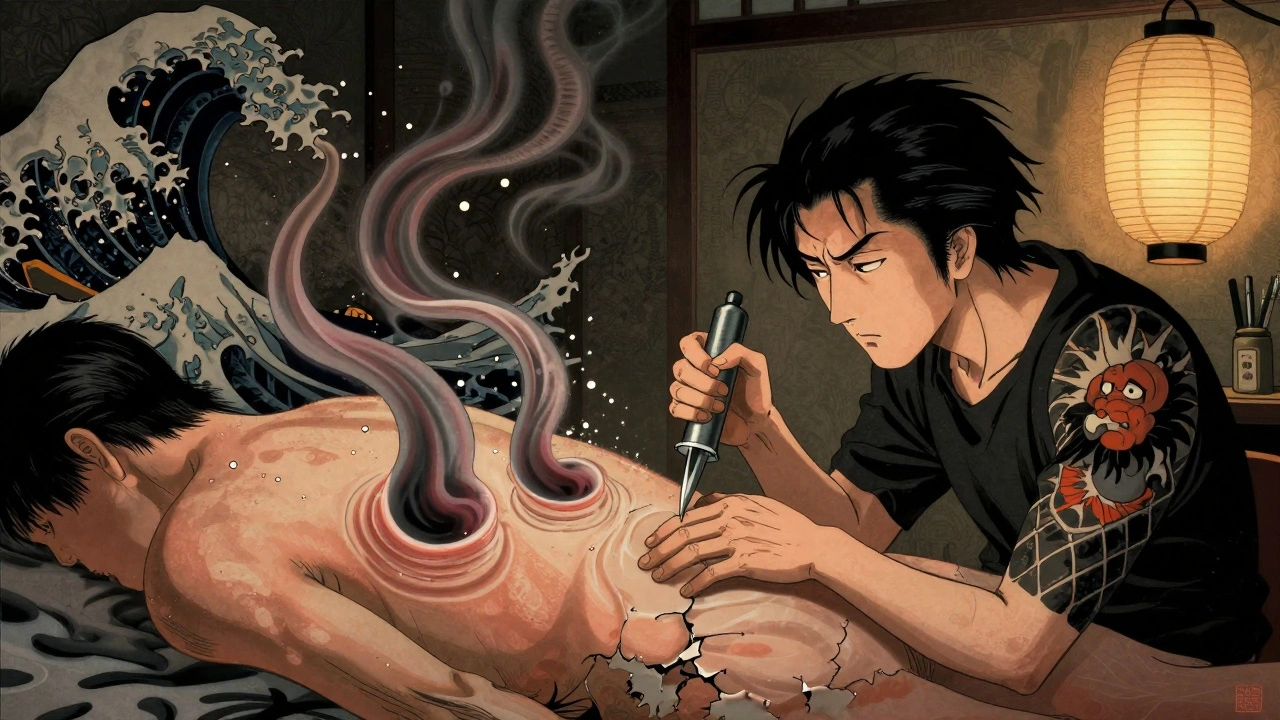 A tattoo artist pauses as acitretin particles twist into keloid waves on skin, lit by paper lanterns.