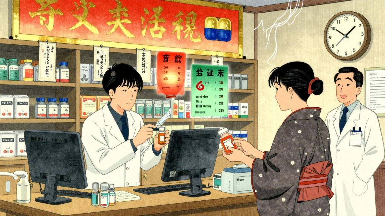 A technician scans a pill bottle in a colorful pharmacy, while a patient receives medicine, with digital alerts hovering like lanterns.