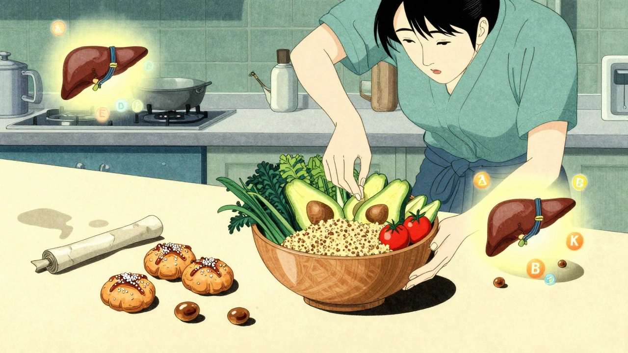 A woman preparing healthy gluten-free foods while processed snacks are discarded, with a healing liver glowing in the corner.