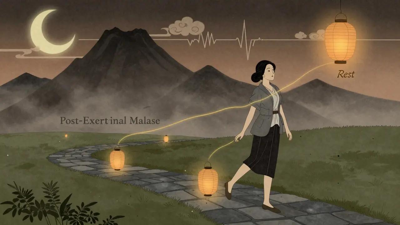 A woman taking a tiny step on a path, with a looming mountain of fatigue behind her and glowing lanterns marking rest.