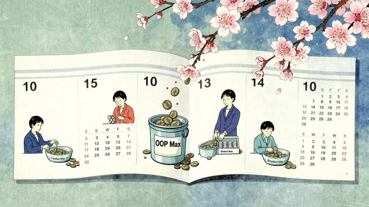 Calendar showing monthly copay payments filling only the out-of-pocket bucket, cherry blossoms drifting nearby.
