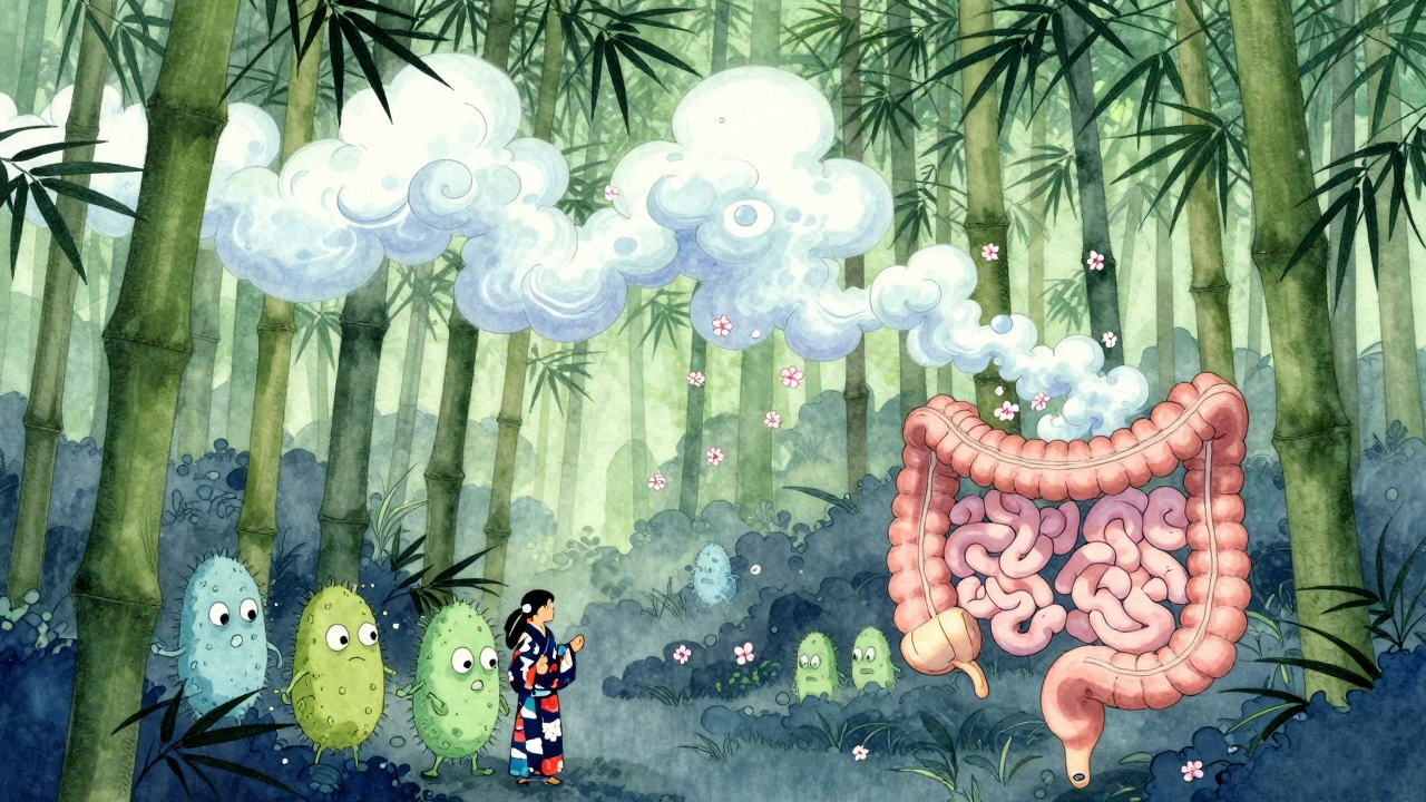 Digestive tract as a bamboo forest with gas bubbles carried by spirits and probiotic bacteria soothing the gut.