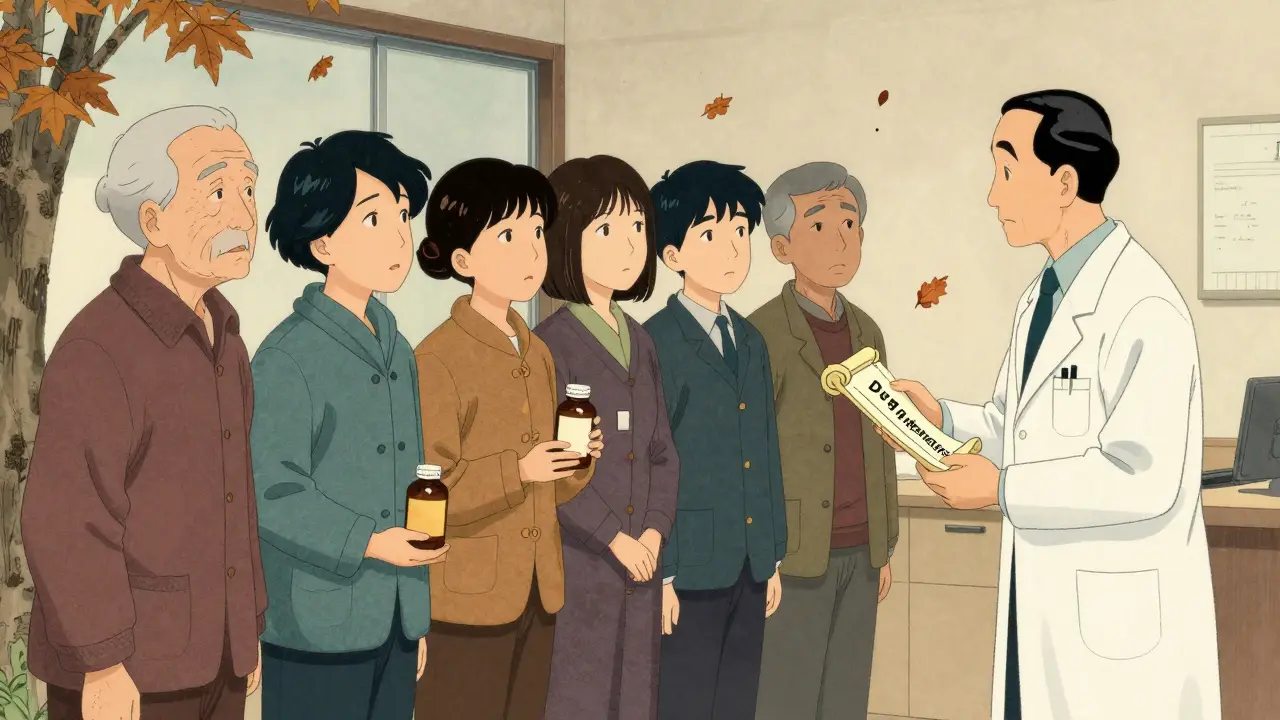 Diverse patients approaching a pharmacist for advice on supplements in an autumnal clinic setting.