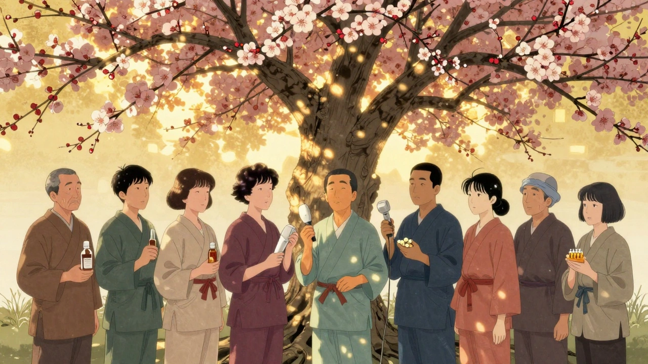 Diverse patients under blooming plum trees, holding hair treatment tools, golden light symbolizing hope.