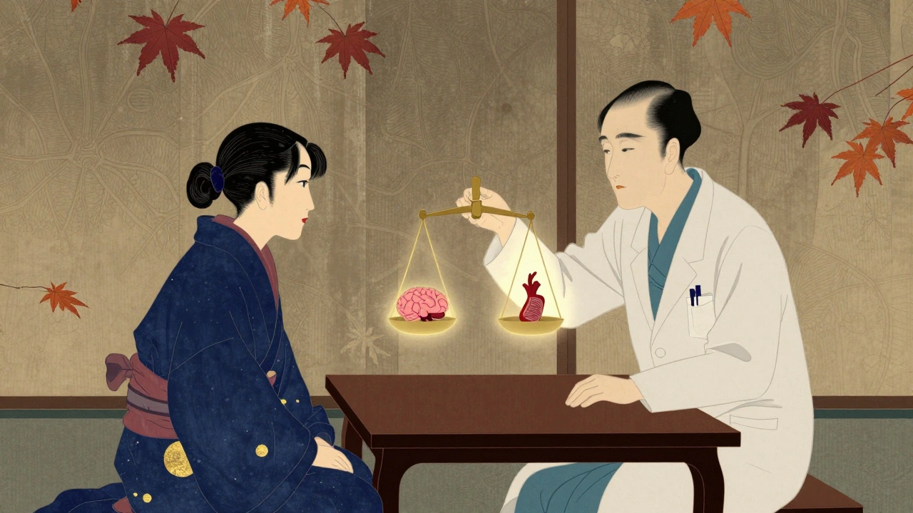 Doctor and patient at a wooden table, with a glowing scale balancing brain clot and bleeding vessel, surrounded by traditional Japanese screens.