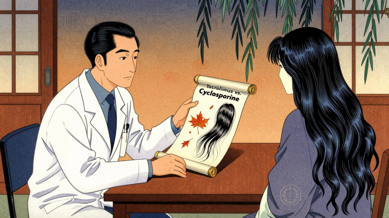 Doctor and patient reviewing a scroll comparing hair loss and hair growth effects of two medications.