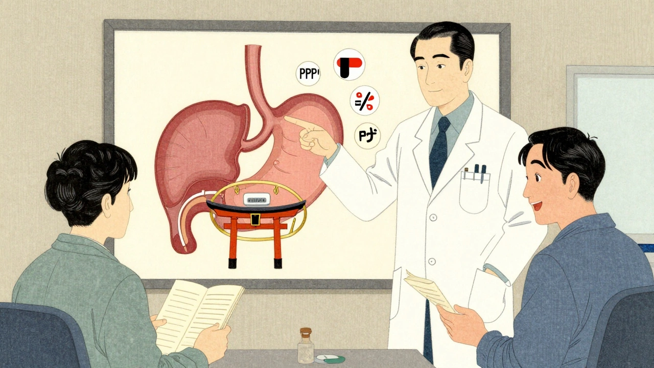 Doctor explaining LINX device as a golden torii gate blocking acid but allowing food passage.