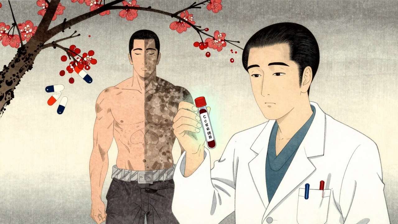 Doctor holding blood vial with glowing CK levels, patient split between health and pain.