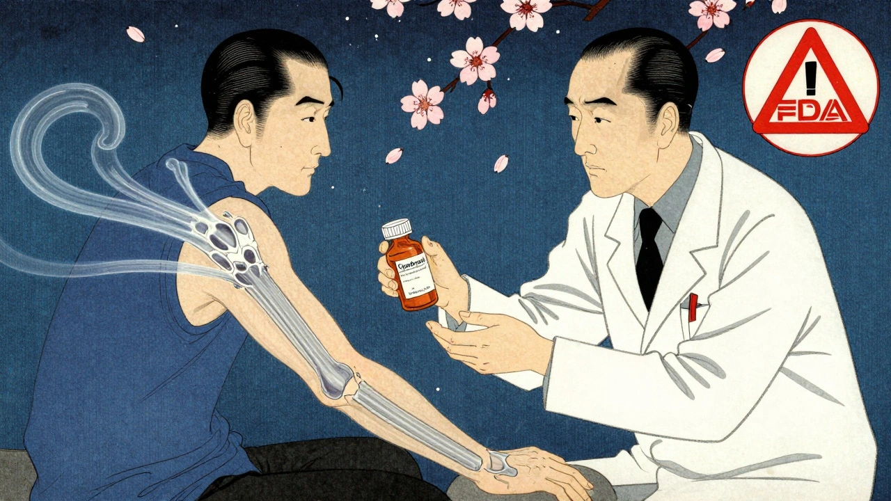 Doctor prescribing ciprofloxacin as ghostly tendon fractures appear around the patient.