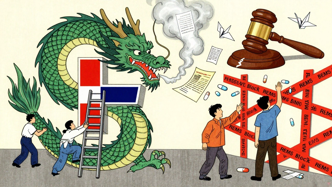 Dragon-shaped pharma logo blocks generic manufacturers with patent smoke, judge's gavel cracked above red tape wall.